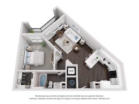 A 3D floor plan of a house with a kitchen, living room, and bathroom.